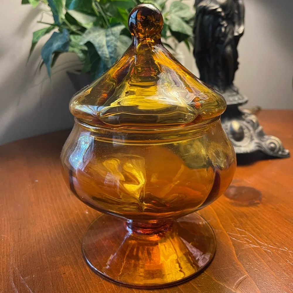 Depression, glass, pedestal candy dish amber